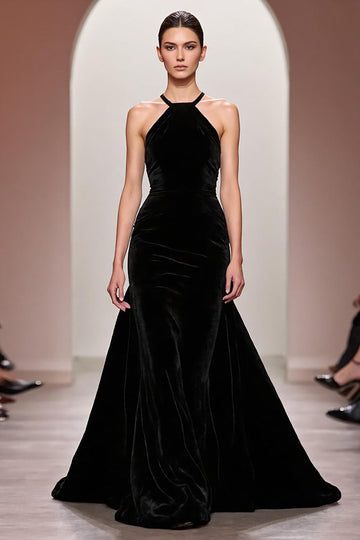 Black Velvet A Line Halter Long Formal Dress